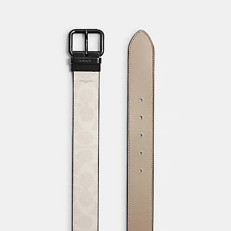 Coach C1509 QBS1X reversible belt showing Chalk Signature canvas and Bone leather sides