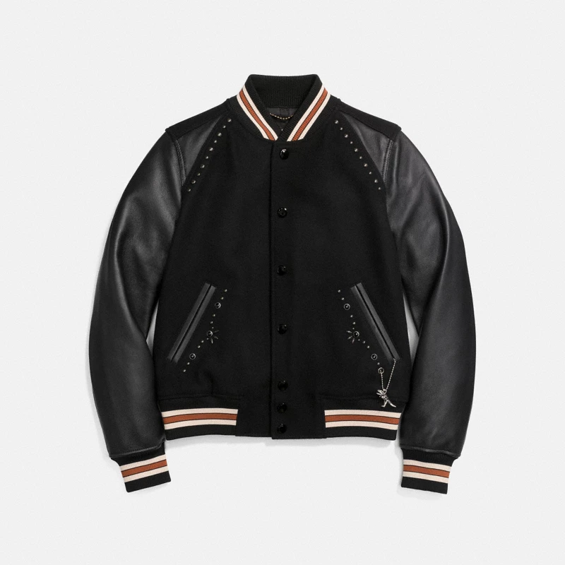 Coach Stripe Wool Varsity Jacket black navy archival 1950s fashion 2026