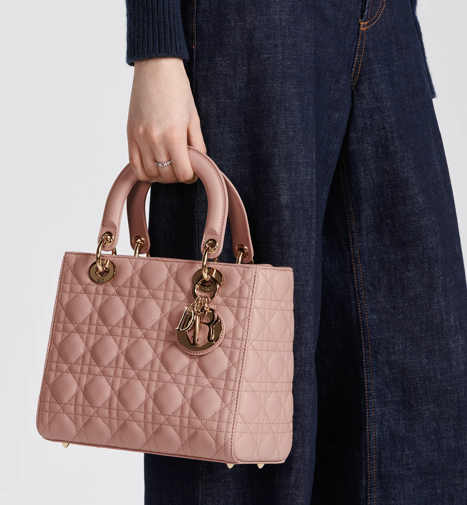 Dior Lady Dior medium blush pink cannage lambskin gold letter charms 2025