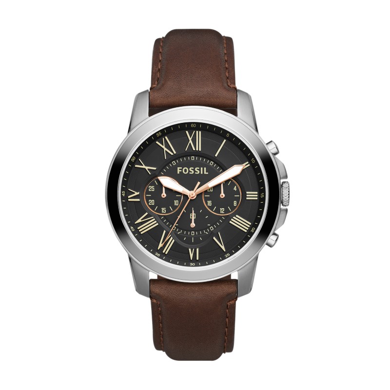 Fossil Grant stainless steel watch brown leather strap silver case 44mm