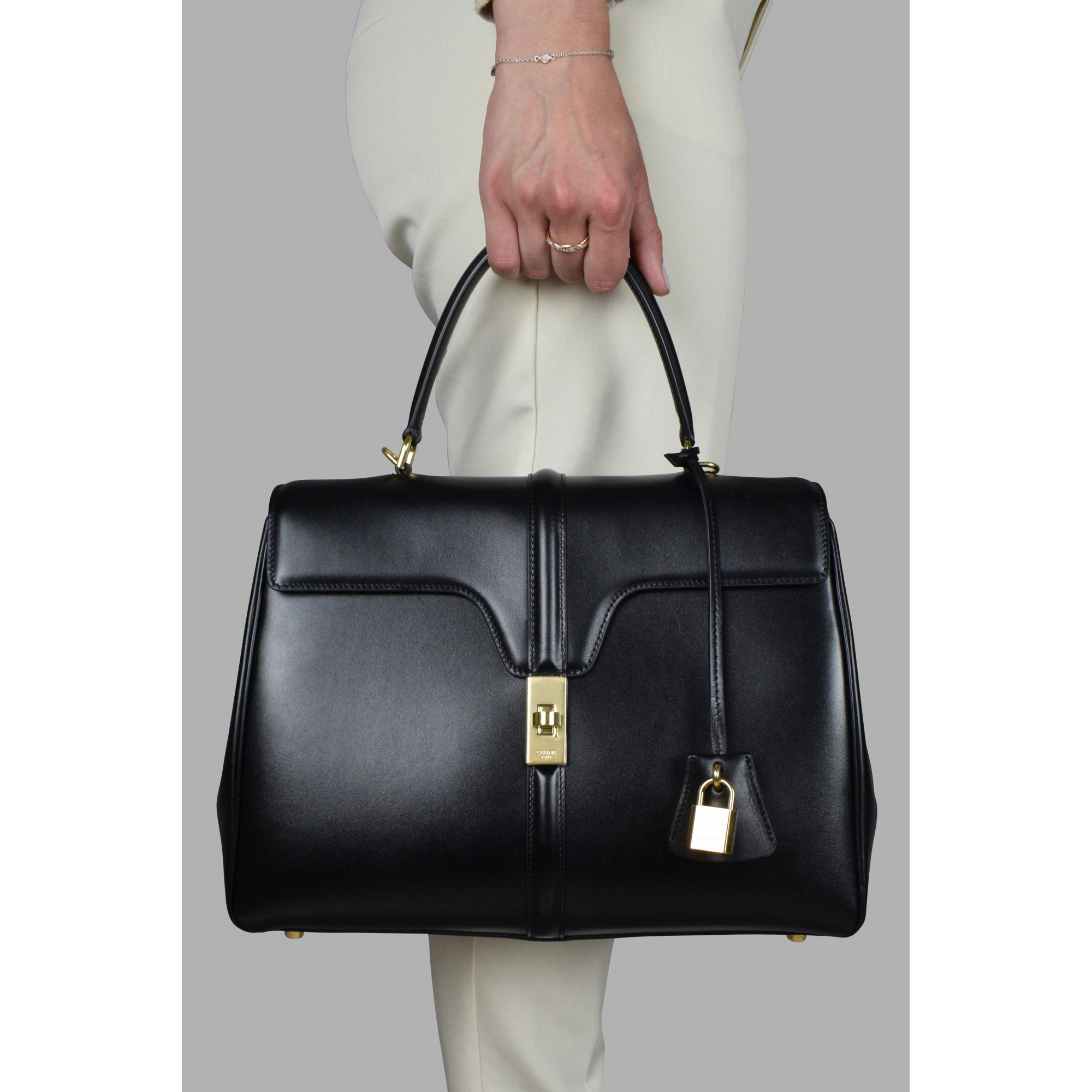 Celine 16 bag large black calfskin leather structured luxury