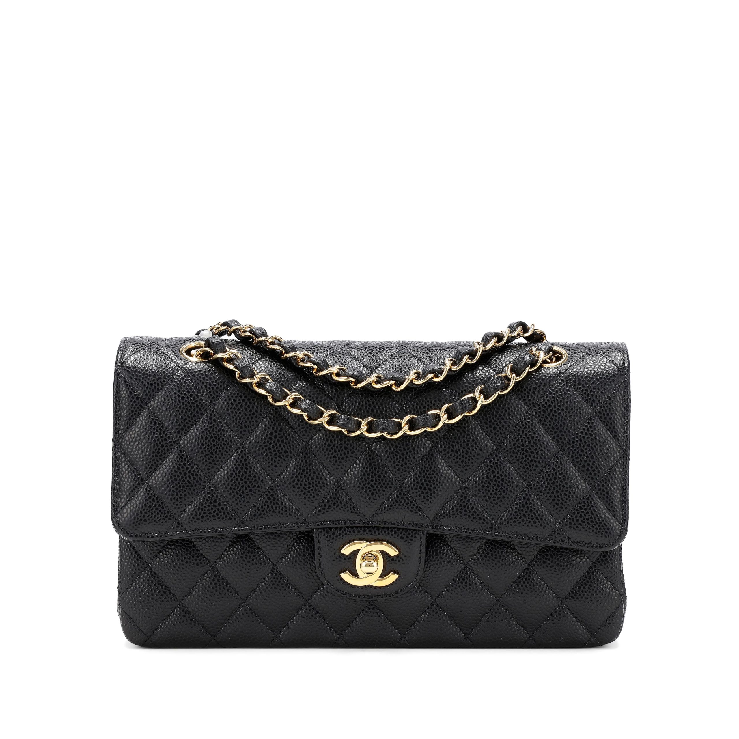 Chanel Classic Flap Medium black caviar leather gold hardware chain strap quilted