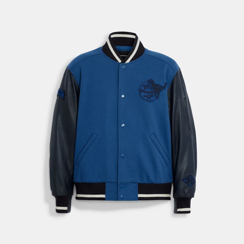 Coach Stripe Wool Varsity Jacket electric blue vibrant 2024