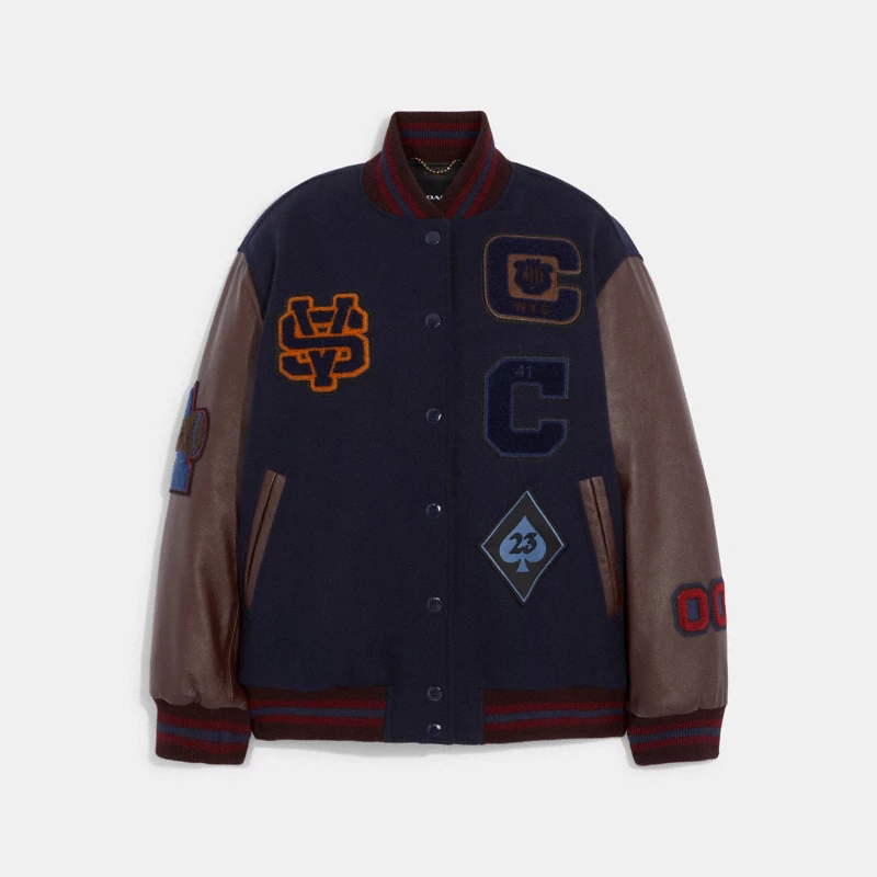 Coach Stripe Wool Varsity Jacket navy blue wool classic 2024