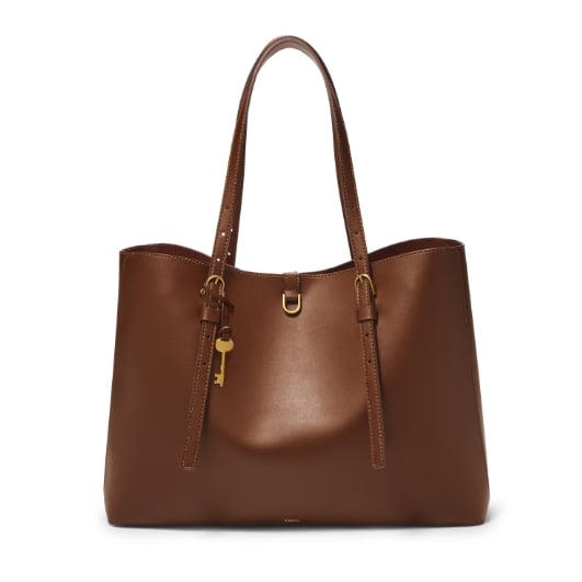 Fossil travel tote bag brown leather RFID blocking women 2024