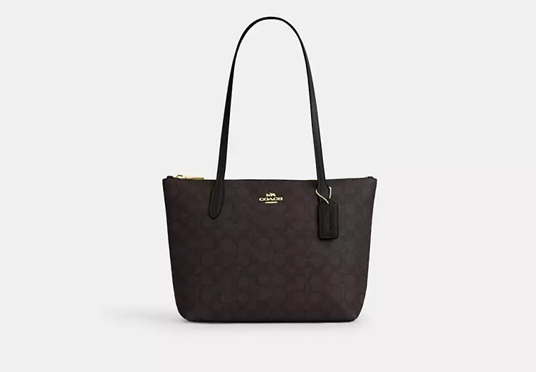 Coach Fiona Zip Tote Signature Canvas Gold Walnut Black