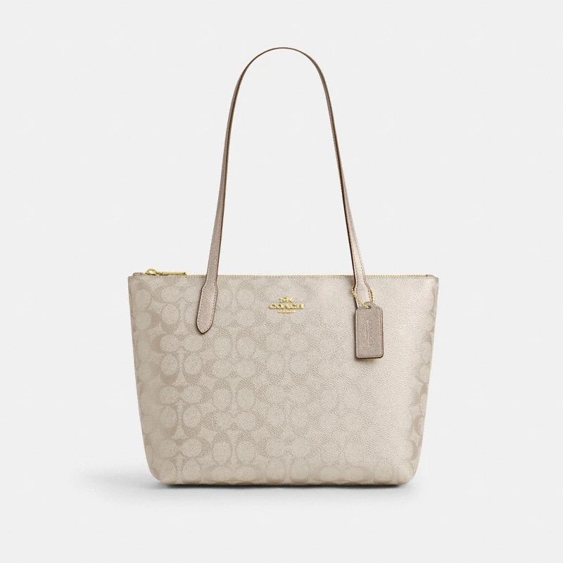 Coach Fiona Zip Tote Signature Canvas Gold Walnut 2024
