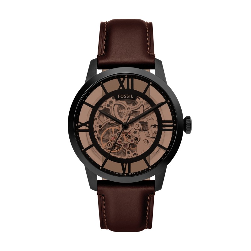 Fossil Townsman Automatic watch skeleton dial brown leather strap
