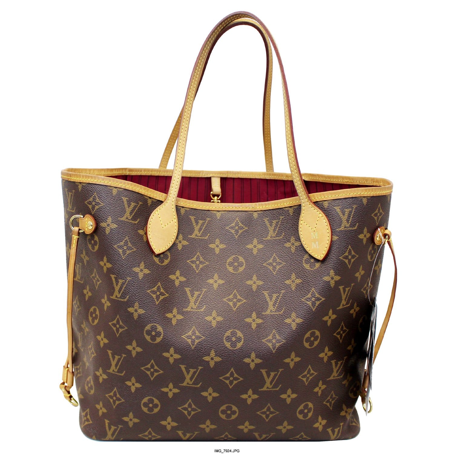 Brown LV-pattern tote with light handles and red striped interior; exact variant unverified