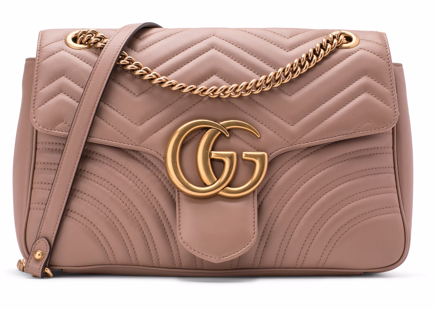 Pink-beige chevron-quilted bag with Double G motif and chain-and-leather strap