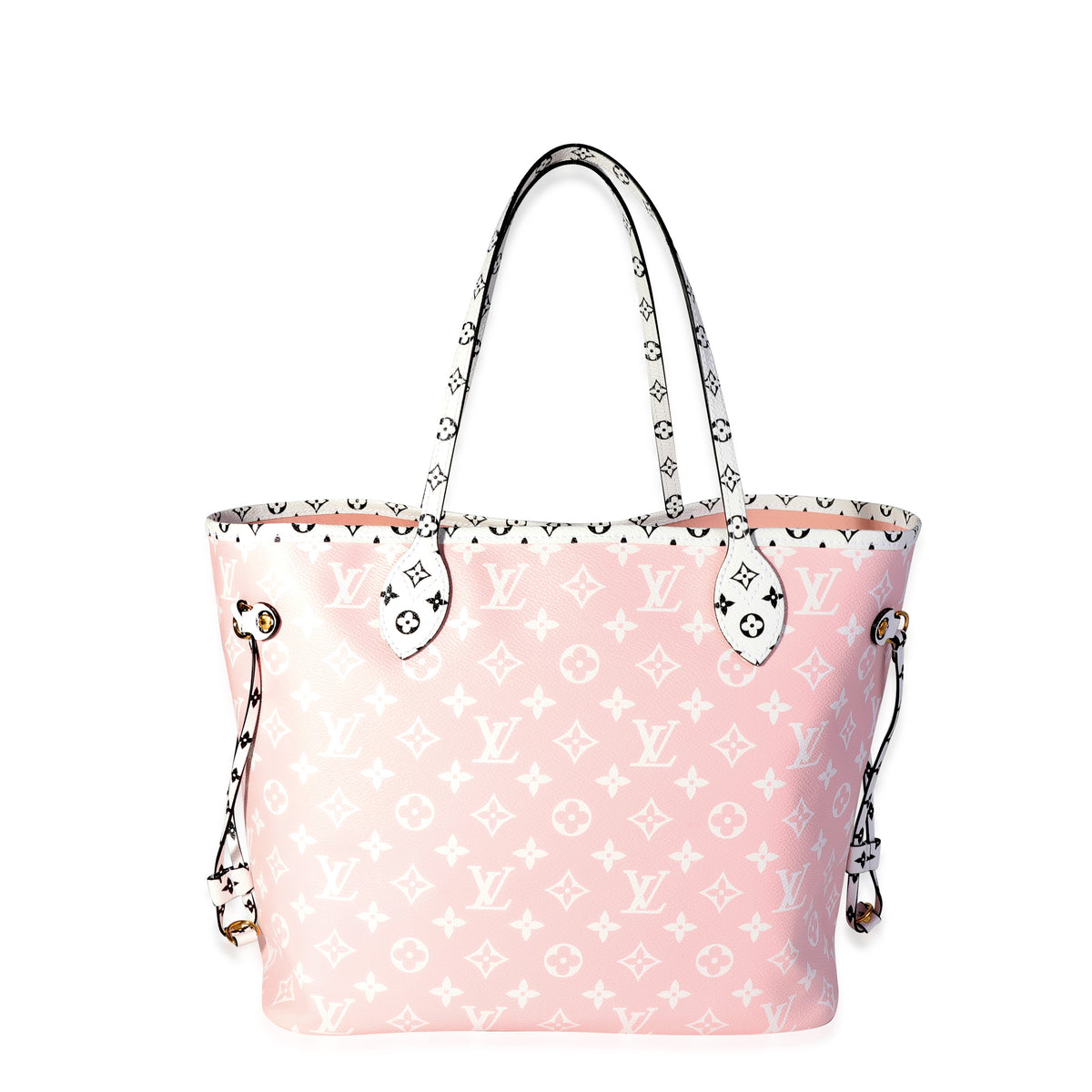 Pink and white LV-pattern tote with contrasting handles; exact variant unverified