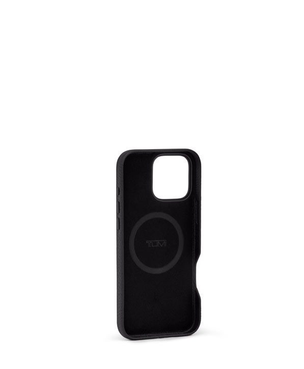 TUMI Leather MagSafe iPhone 16 Pro Max Case Black angle view