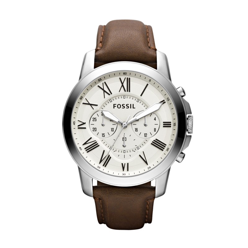 Fossil Grant Chronograph brown leather strap silver case watch men