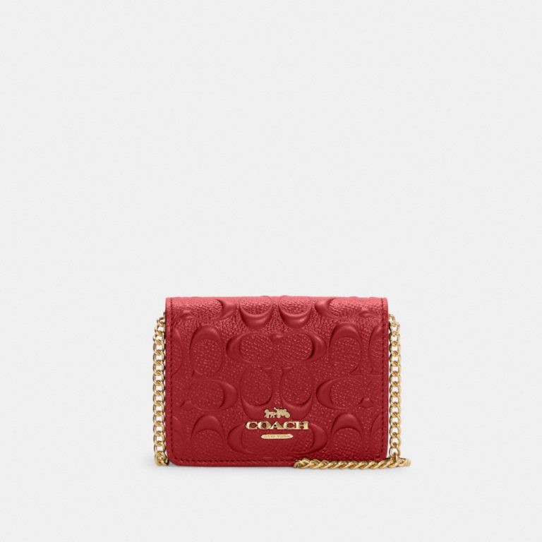 Coach Mini Wallet On A Chain In Signature Leather Brass/1941 Red - Ready Stock Malaysia