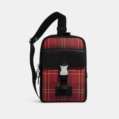 Coach Track Pack With Tartan Plaid Print Silver/Red/Black Multi - Ready Stock Malaysia — Silver / Red / Black Multi