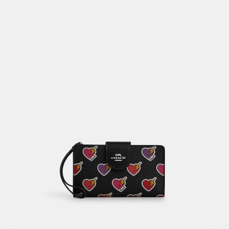 Coach Tech Phone Wallet With Heart Bolt Print Silver/Black Multi - Ready Stock Malaysia — Silver / Black Multi