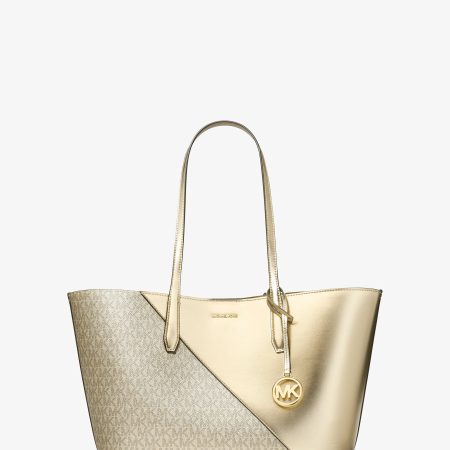 Michael Kors Avalon Medium Metallic and Signature Logo Tote Bag - Preorder — Pale Gold