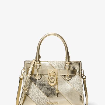 Michael Kors Landon Small Metallic and Signature Logo Satchel - Preorder — Pale Gold