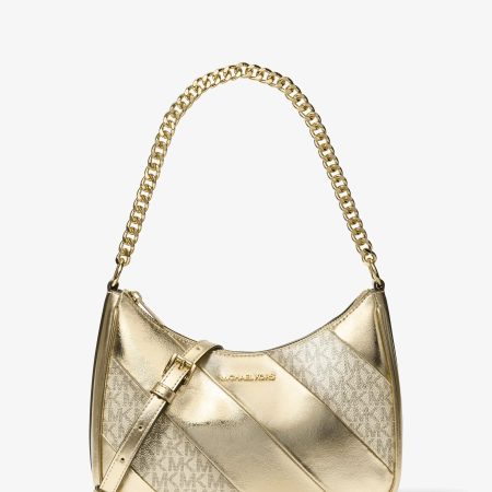 Michael Kors Jet Set Travel Large Metallic and Signature Logo Convertible Crossbody Bag - Preorder — Pale Gold