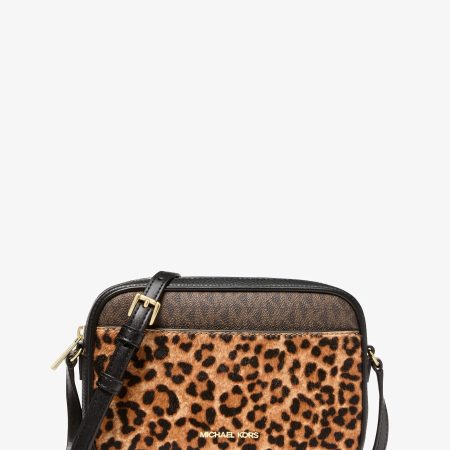Michael Kors Jet Set Travel Leopard Print Calf Hair and Signature Logo Camera Crossbody Bag - Preorder — Camel Mlt