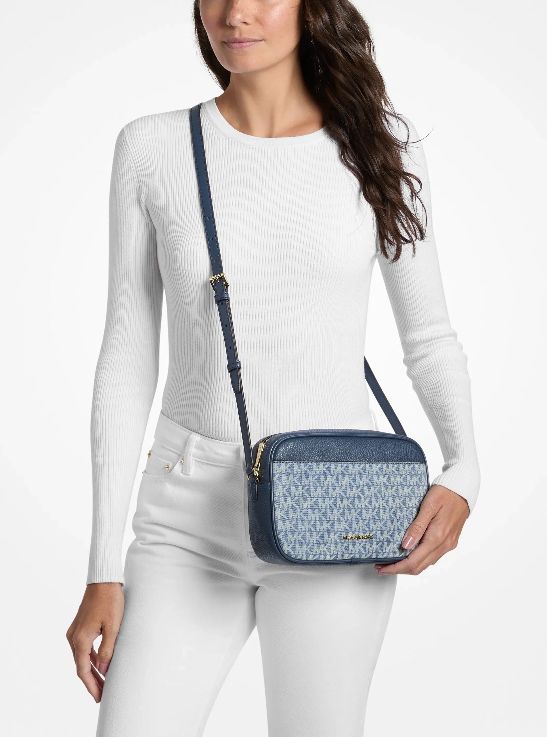 Michael Kors Jet Set Travel Signature Logo Print Denim Camera Crossbody Bag - Preorder
