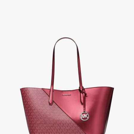 Michael Kors Avalon Medium Metallic and Signature Logo Tote Bag - Preorder — Maroon