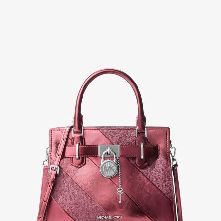 Michael Kors Landon Small Metallic and Signature Logo Satchel - Preorder — Maroon