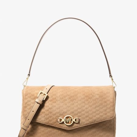 Michael Kors Kacey Large Logo Debossed Microsuede Convertible Crossbody Bag - Preorder — Camel