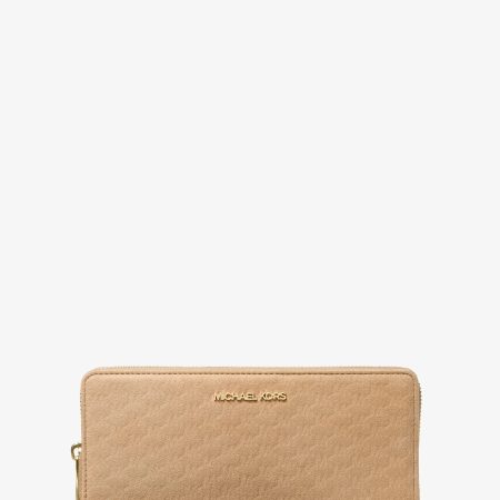 Michael Kors Jet Set Travel Large Logo Debossed Microsuede Continental Wallet - Preorder — Camel