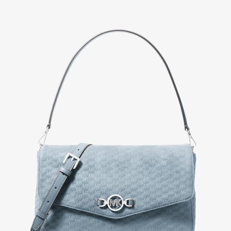 Michael Kors Kacey Large Logo Debossed Microsuede Convertible Crossbody Bag - Preorder — Pale Blue
