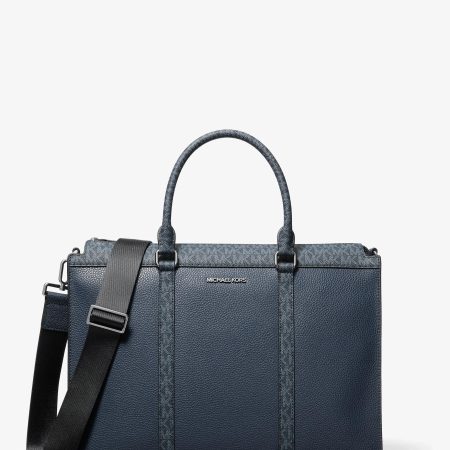 Michael Kors Cooper Pebbled Leather and Signature Logo Briefcase - Preorder — Navy