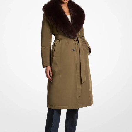 Michael Kors Faux Fur Collar Woven Belted Coat - Preorder — Olive