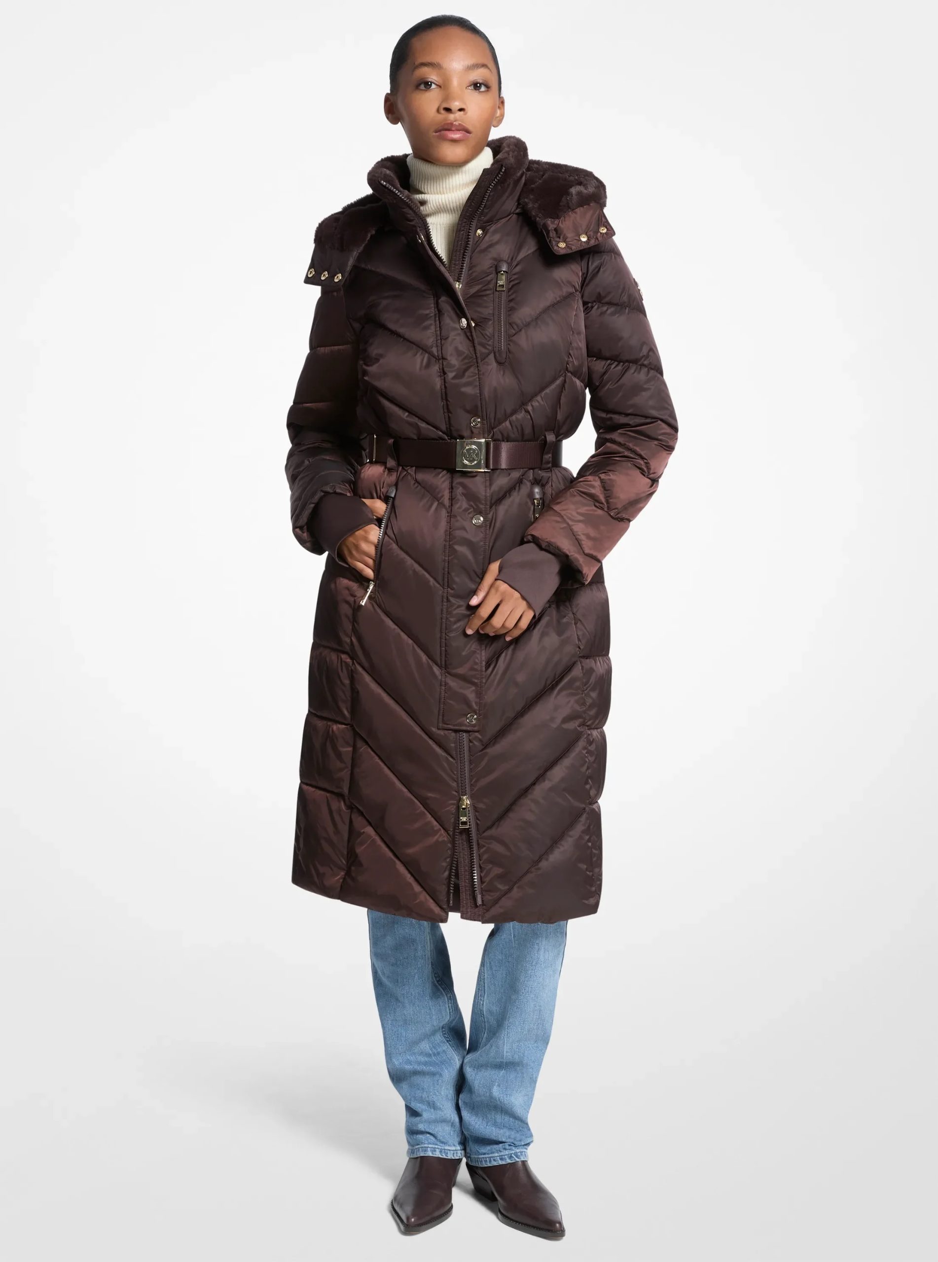 Michael Kors Faux Fur Trim Belted Puffer Coat - Preorder