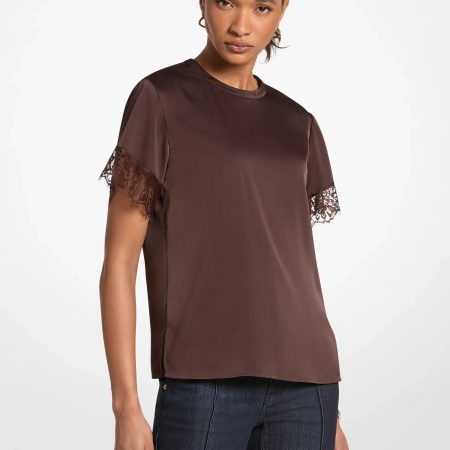 Michael Kors Satin Lace Trim Shirt - Preorder — Chocolate
