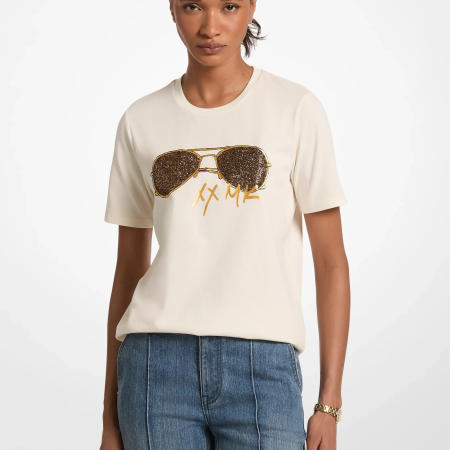 Michael Kors Embellished Printed Cotton Jersey T-Shirt - Preorder — Bone