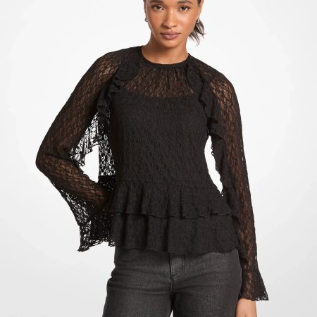 Michael Kors Ruffled Floral Lace Top - Preorder — Black
