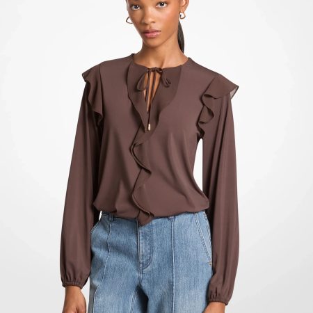 Michael Kors Ruffled Georgette Long-Sleeve Top - Preorder — Chocolate