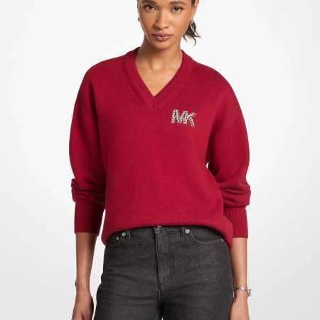 Michael Kors Embellished Logo Cotton Blend Sweater - Preorder — Maroon