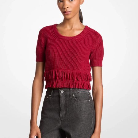 Michael Kors Fringed Knit Short-Sleeve Sweater - Preorder — Maroon
