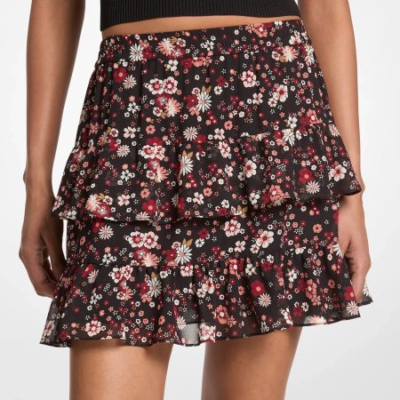 Michael Kors Floral Print Georgette Skirt - Preorder — Black