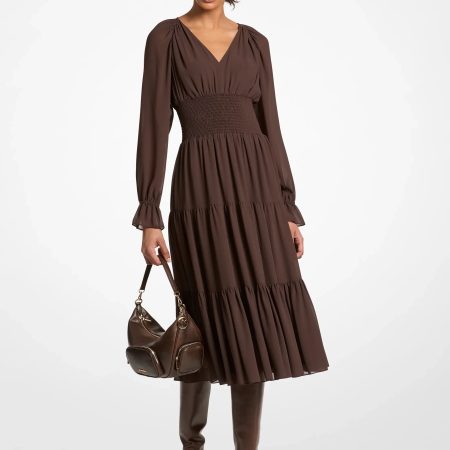 Michael Kors Smocked Georgette Midi Dress - Preorder — Chocolate