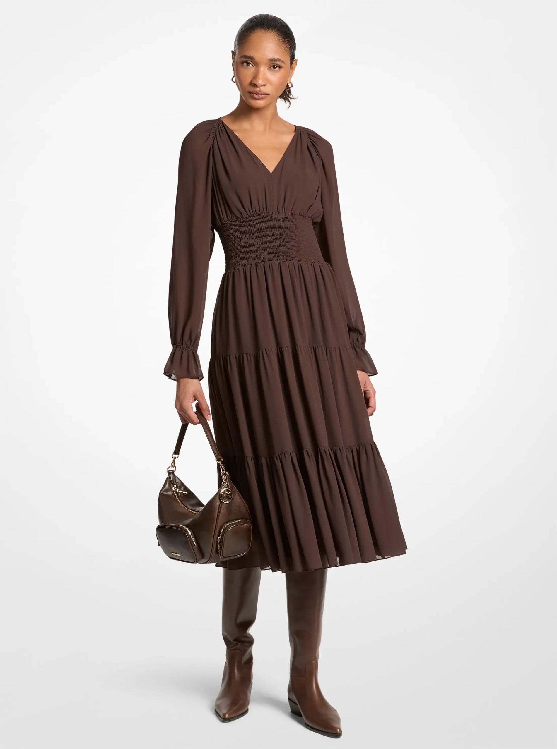 Michael Kors Smocked Georgette Midi Dress - Preorder