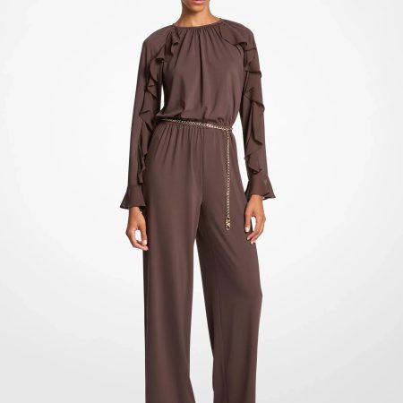 Michael Kors Ruffled Stretch Matte Jersey Belted Jumpsuit - Preorder — Chocolate