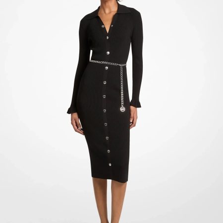 Michael Kors Stretch Knit Belted Midi Dress - Preorder — Black