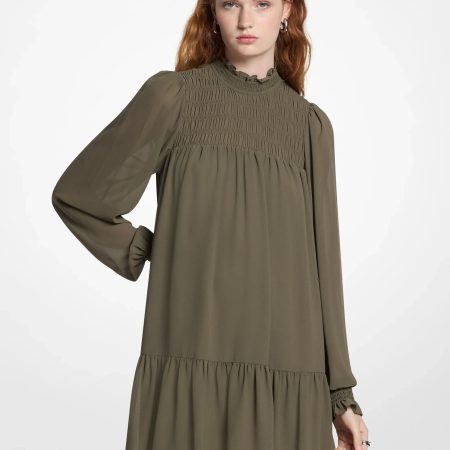 Michael Kors Smocked Georgette Mini Dress - Preorder — Olive