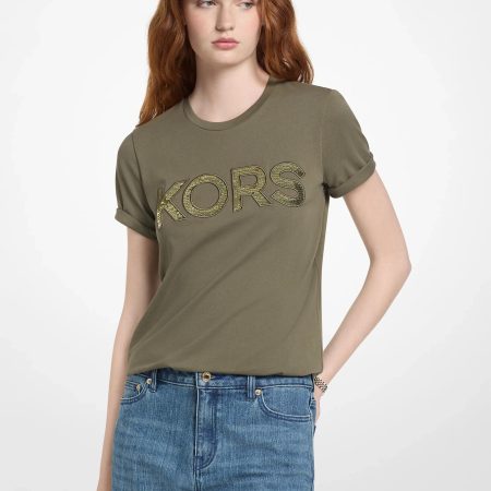 Michael Kors Sequined Logo Cotton T-Shirt - Preorder — Olive