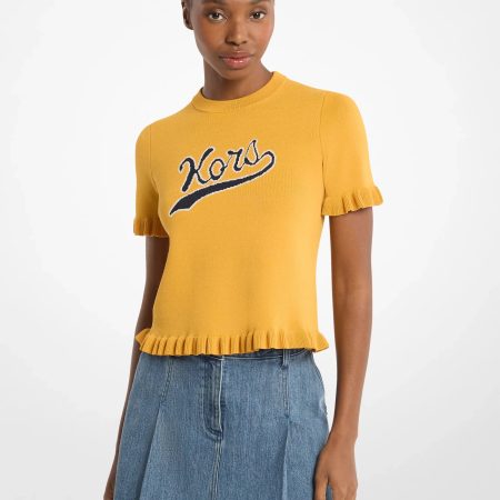 Michael Kors Ruffled Stretch Knit Logo Short-Sleeve Sweater - Preorder — Honeywheat