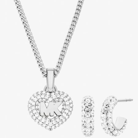 Michael Kors Pavé Heart and Logo Necklace and Hoop Earrings Jewelry Gift Set - Preorder — Silver
