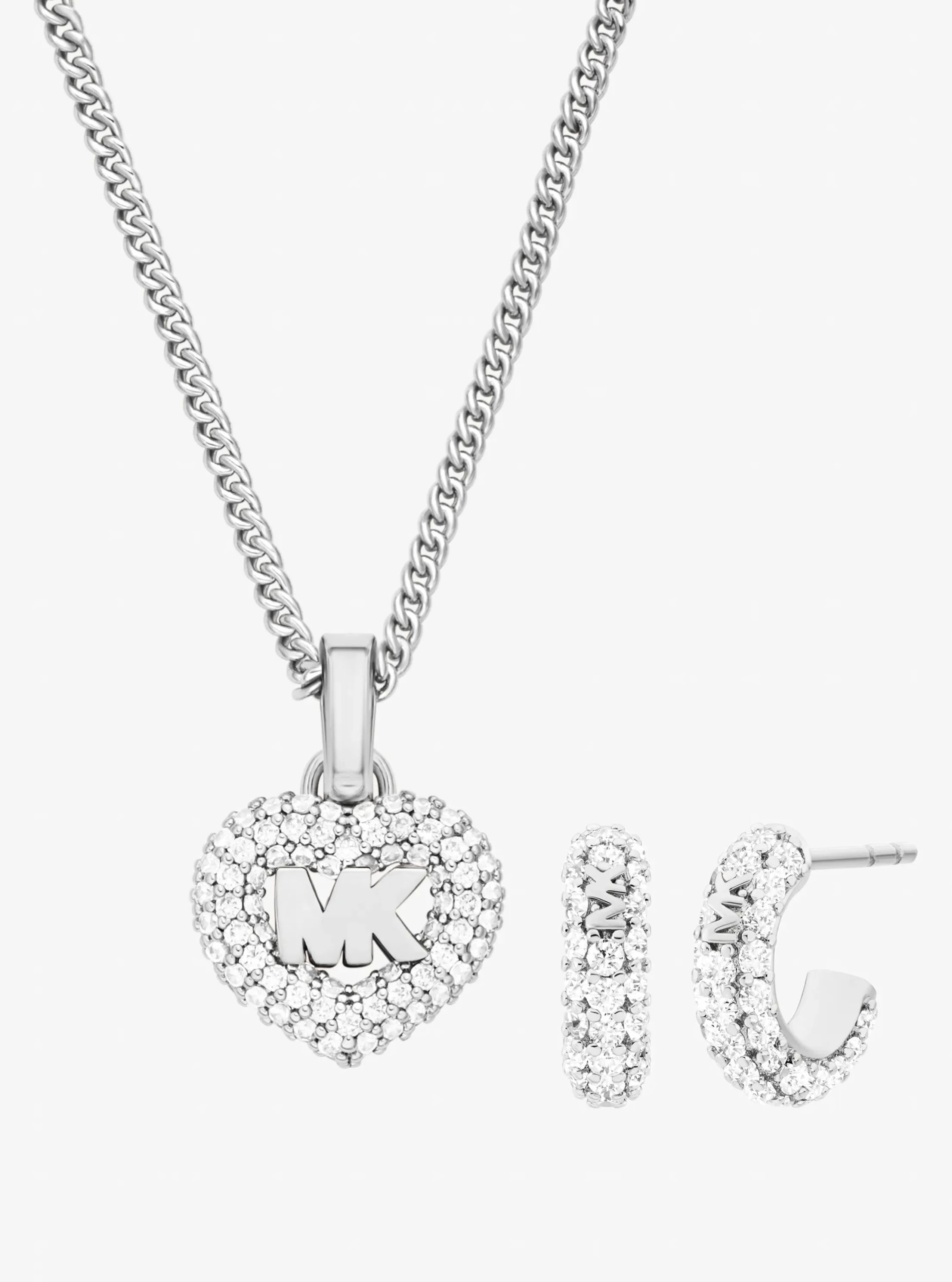 Michael Kors Pavé Heart and Logo Necklace and Hoop Earrings Jewelry Gift Set - Preorder