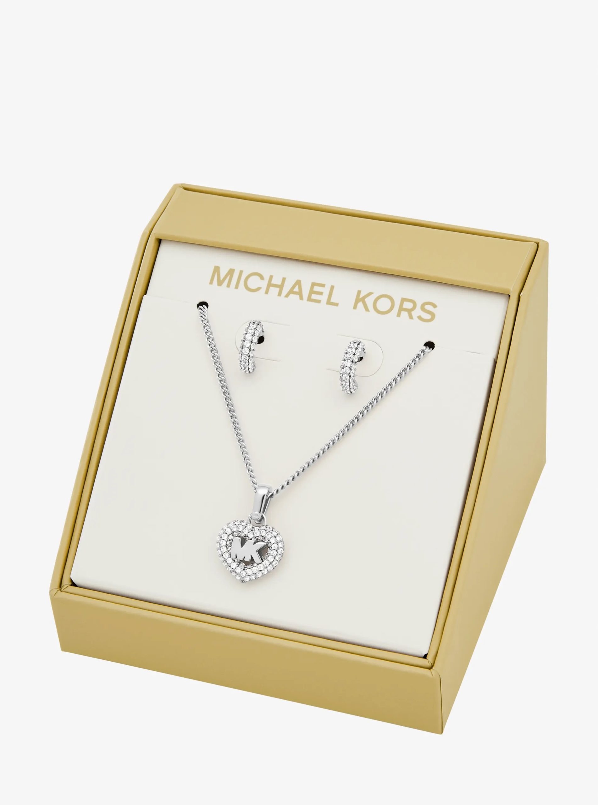 Michael Kors Pavé Heart and Logo Necklace and Hoop Earrings Jewelry Gift Set - Preorder
